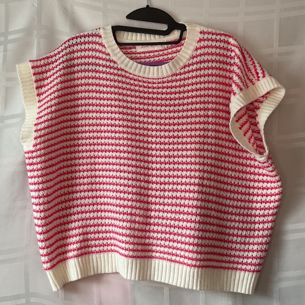 Knit Mix Pink & White Striped Knit Sweater Vest Crew Neck Size L Preppy Coastal